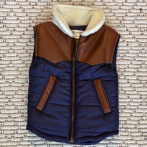 Navy & Brown Sherpa-Lined Puffer Vest for Kids